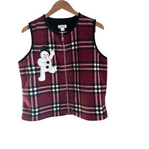 Christopher & Banks Red Plaid Vest with Snowman